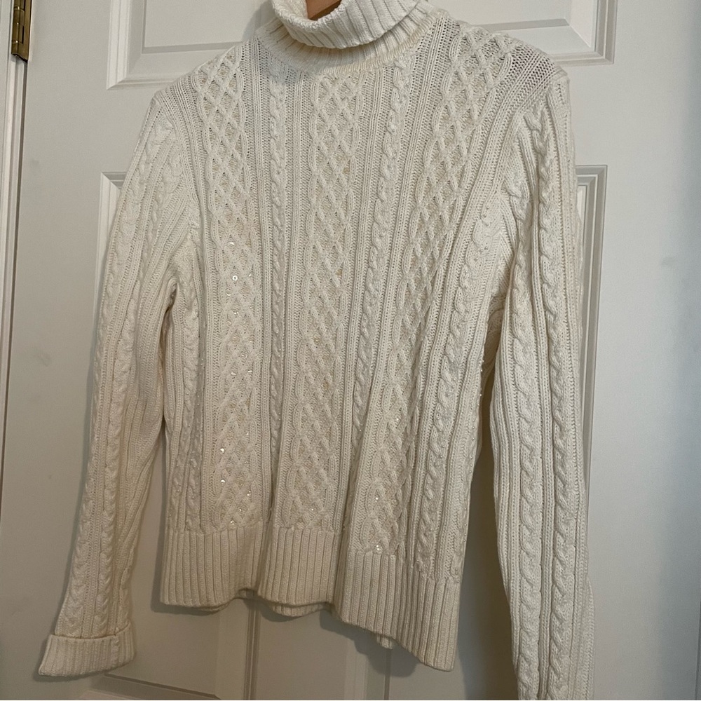 Vintage Wainscott Cream/Ivory Cable Knit Pearl Sequin Cotton Turtleneck Sweater